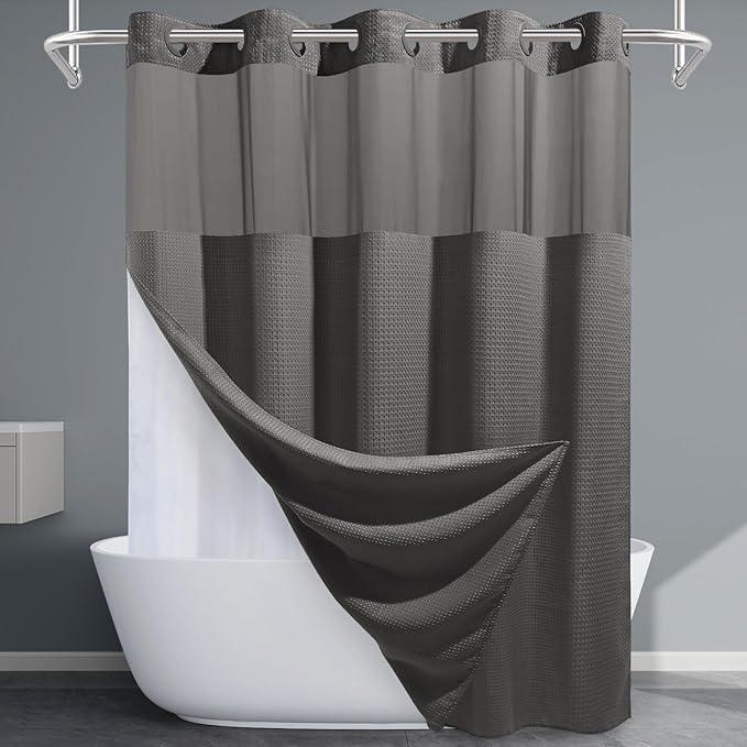 EUTXL Charcoal Grey No Hook Shower Curtain with Snap in Liner,230GSM Waffle Weave Shower Curtains for Bathroom,71W x 74H - ModernBath
