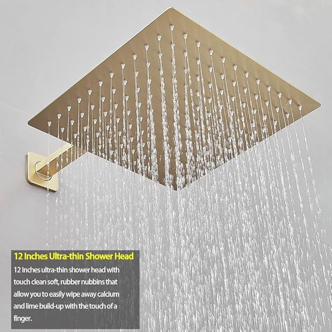 Heable Brushed Gold Shower System 12 Inches Bathroom Luxury Rain Shower Head with Handheld Combo Set Wall Mounted High Pressure Rainfall Shower Head System Shower Faucet with Valve and Trim Kit - ModernBath