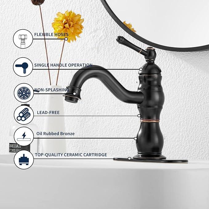 Oil Rubbed Bronze Bathroom Faucet GGStudy Bathroom Vanity Faucet Single Handle One Hole Bathroom Sink Faucet Basin Mixer Tap Matching Pop Up Drain with Overflow - ModernBath