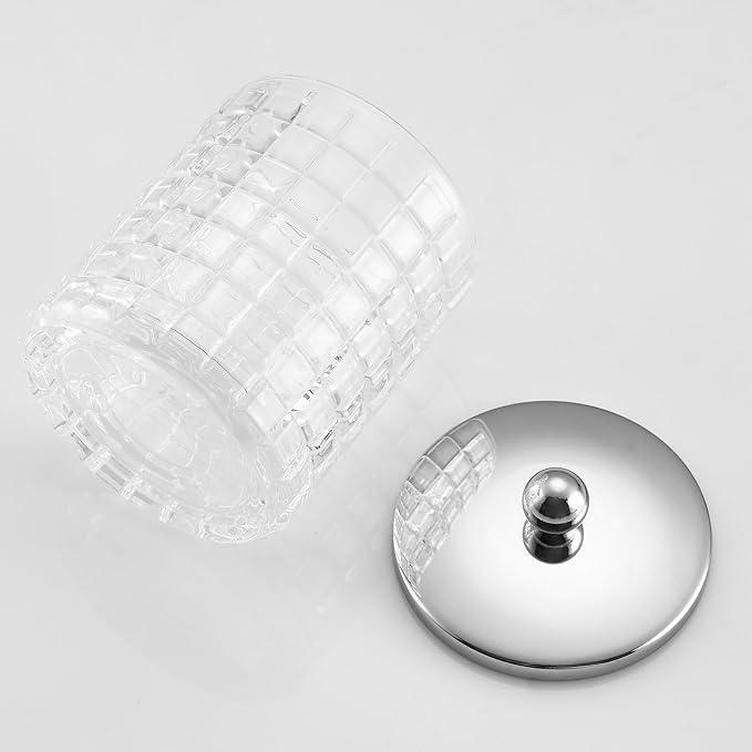 Indecor Home Glass Cotton Jar Holder Silver Lid, Elegant Bathroom Storage Canister for Qtips, Cotton Balls, Floss, Makeup Organizer, Vanity Bathroom Organization - ModernBath