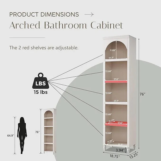 76" Tall Arched Bathroom Storage Cabinet, 5 Tiers Narrow Farmhouse Arched Cabinet w/Adjustable Shelves, Modern Wooden Storage Cabinet for Bathroom, Living Room, Entryway, Study Room (Cream) - ModernBath