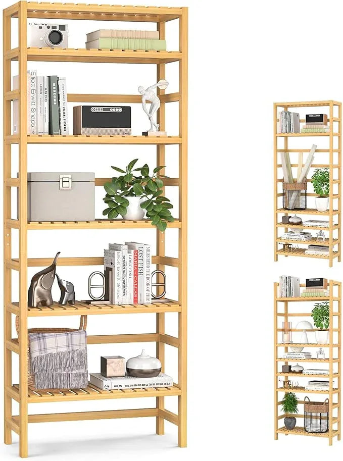 Homykic 6-Tier Bamboo Bookshelves and Bookcases, Adjustable 63.4”Tall Shallow Book Shelf Organizer Rack, Freestanding Storage Shelving Unit for Living Room, Kitchen, Bathroom, Office, Natural - ModernBath