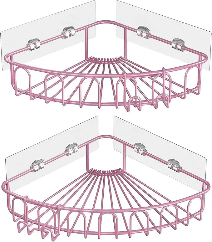 Orimade Corner Shower Caddy with 2 Hooks Wall Mounted Metal Bathroom Shelf Storage Organizer Adhesive No Drilling 2 Pack, Pink Only for 90-Degree Corner - ModernBath