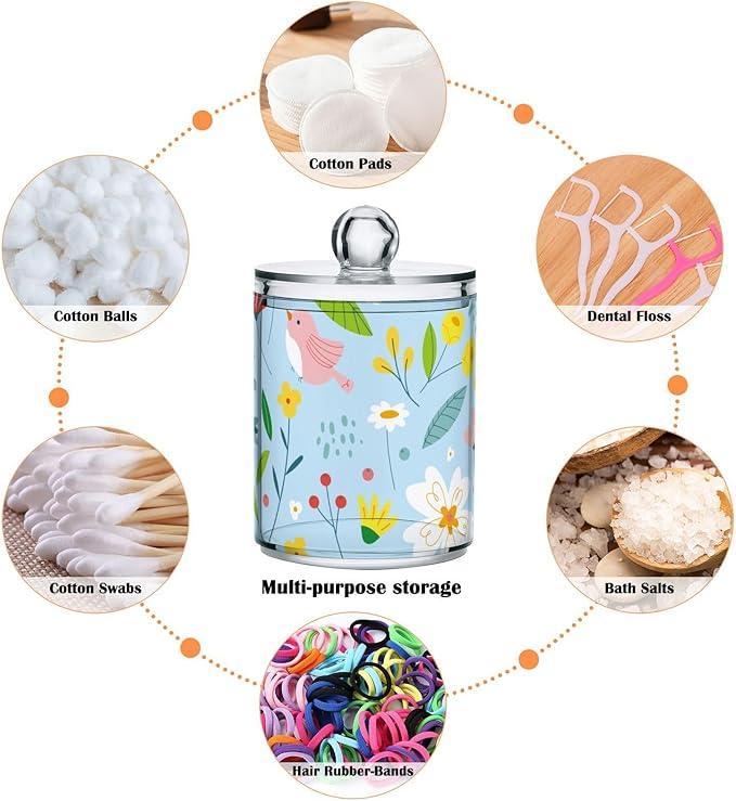 Tatenale Qtip Holder Bathroom Set Q tip Cotton Ball Swab Pad Dispenser Container Organizer Plastic Jars with Lids Storage 2Pack Cute Floral Birds Blue - ModernBath