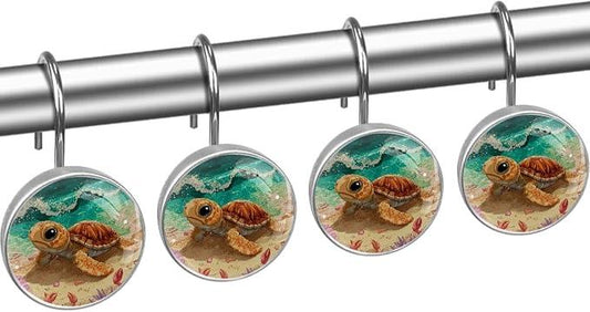 Beach Cartoon Ocean Turtle Shower Curtain Hooks Rings, Stainless Steel Rust Proof Shower Curtain Hooks, Decorative Shower Hooks for Bathroom Shower Rods Curtains, Set of 12 - ModernBath