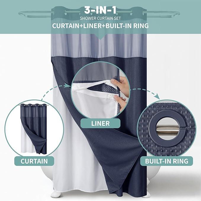 eachope Navy No Hook Waffle Weave Shower Curtain with snap-in Liner Replacement, 230GSM Waterproof Fabric Hotel Shower Curtain Set for Bathroom, Through Mesh Top Window,54Wx80H - ModernBath