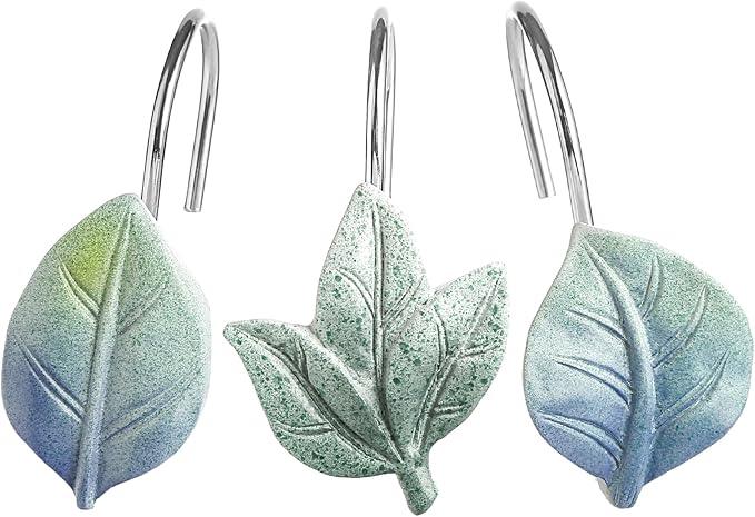 Gibelle 12PCS Leaves Shower Curtain Hooks, Blue Plant Leaf Decorative Shower Curtain Hooks Metal Rustproof Cute Eucalyptus Shower Curtain Rings Bathroom Decoration Accessories - ModernBath