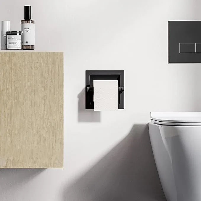 Matte Black Recessed Toilet Paper Holder for Regular Rolls,Contemporary Hotel Style Pivoting Toilet Tissue Holder Wall Mount Made of Metal, in Wall Toilet Paper Holder - ModernBath