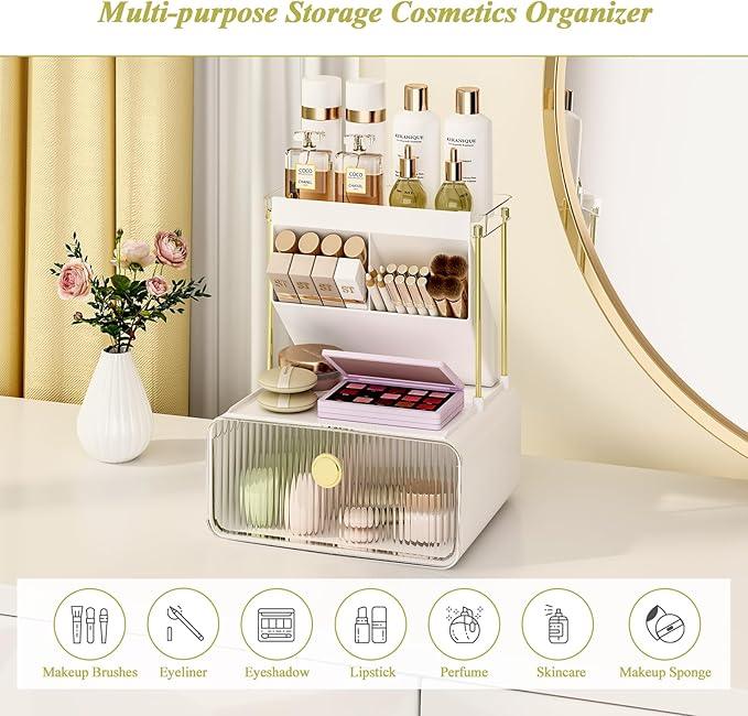 FOLLOWIN Bathroom Counter Organizer with Drawer,Dresser Top Organizer with Make Up Brush Holder,Makeup Shelf,Vanity Organizers,Cosmetic Perfume Organizer,Clear - ModernBath