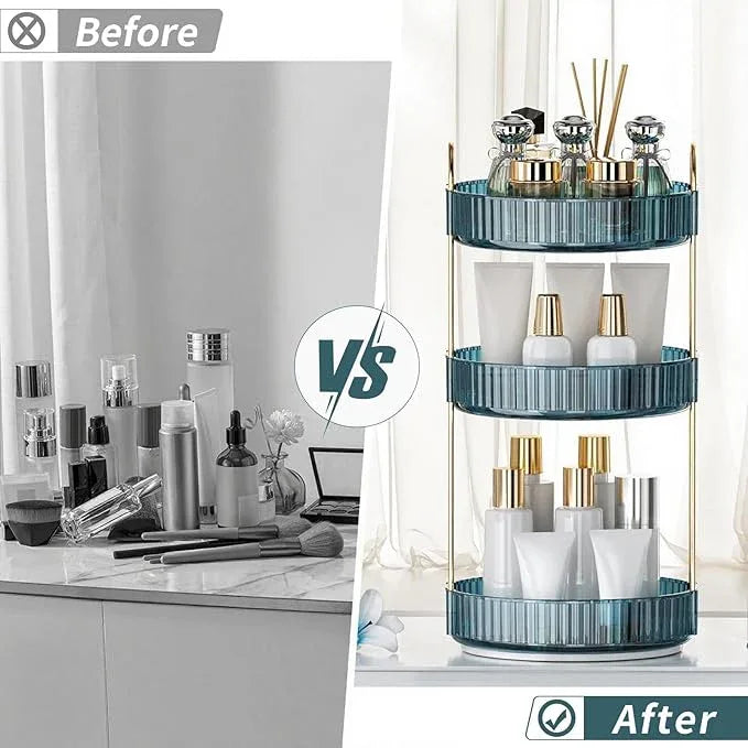 INVSSENE 360° Rotating Makeup Organizer, Bathroom Organizers and Storage Holder Rack, Large Capacity Vanity Shelf Countertop, Fits Cosmetics, Perfume, Skin Care(Blue, 3 Tiers) - ModernBath