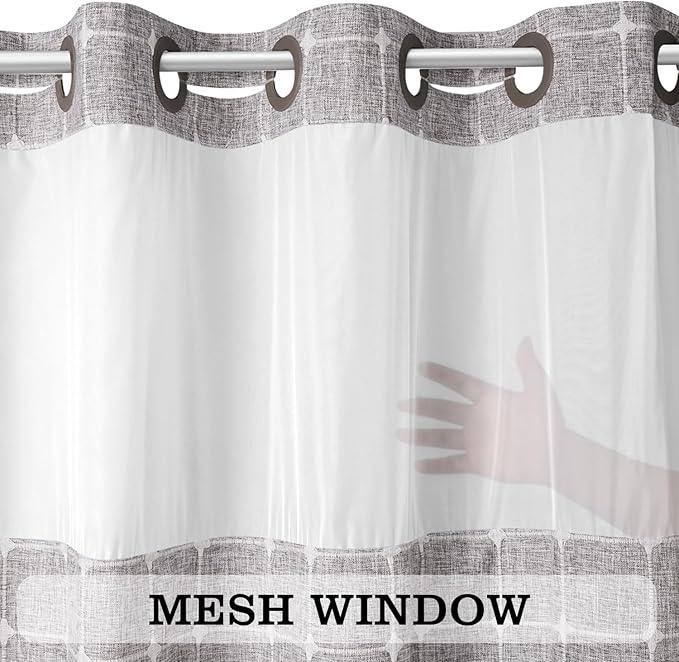 River Dream Farmhouse Khaki Shower Curtain with Snap-in Liner, No Hooks Shower Curtain Set, with Tassels for Bathroom Decor,Shower Curtain and Liner with Sheer Window 71x74 Inch - ModernBath