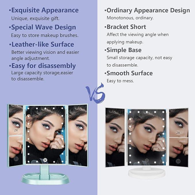 deweisn Trifold Lighted Vanity Makeup Mirror with 21 LED Lights,1x/2x/3x Magnification Touch Screen Dimming,Two Power Supplies Makeup Mirror, Gift for Women - ModernBath