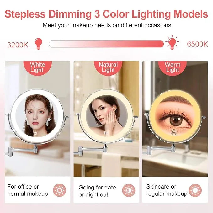 FUNTOUCH 5000mAh Rechargeable Wall Mounted Lighted Makeup Vanity Mirrors, Double Sided 1X 30X Magnifying, 3 Color Lighting, Touch Screen Dimming, Extended Arm 360 Rotation Shaving Bathroom Mirror - ModernBath