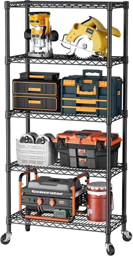 SINGAYE 5 Shelf Adjustable Heavy Duty Storage Shelving Unit with Wheels Steel Organizer Wire Rack Shelves Bathroom Organizers and Shelf Wire Closet Metal Pantry Kitchen Garage 14" DX30 WX70 H Black - ModernBath
