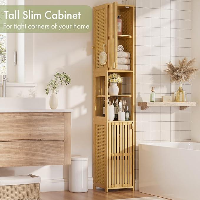 Amazer 70'' Tall Bathroom Storage Cabinet Bamboo, Narrow Storage Cabinet with Rattan Doors and Adjustable Shelves, Slim Freestanding Organizer for Living Room, Kitchen, Natural Color - ModernBath