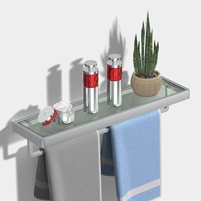 Glass Floating Shelves for Wall, Brushed Nickel 20 Inch Tempered Glass Rectangular 1 Tier Organizer Shelf for Bathroom - ModernBath