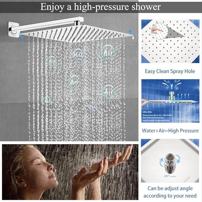 YCAIKOI Shower Faucet Set 16 Inch Wall Mount Rain Shower System, All Metal Shower Fixtures - Polished Chrome - ModernBath