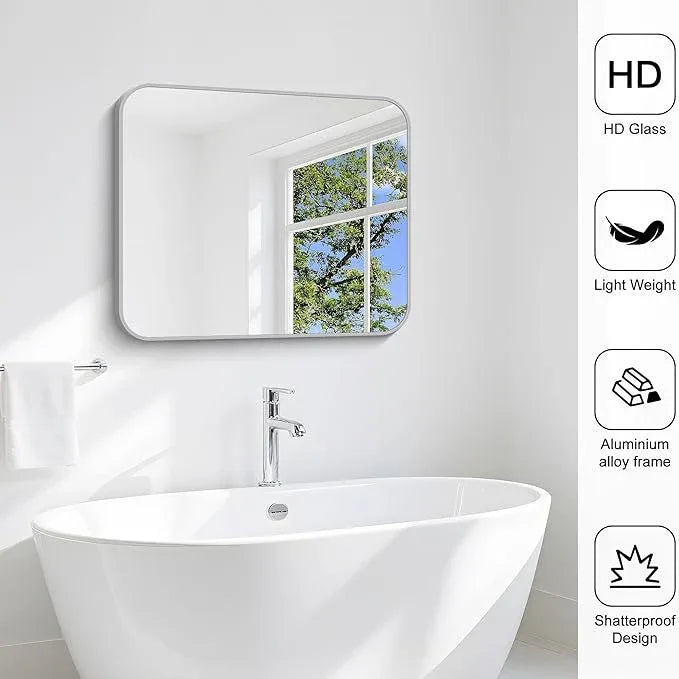 CIVENO Silver Bathroom Mirror, 30 x 36 Inch Metal Framed Silver Rectangle Mirror, Rounded Corner Rectangular Vanity Mirror, Wall Mounted Mirror for Living Room Bedroom Entryway Horizontal/Vertical - ModernBath