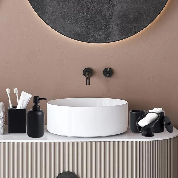 Resin Matte Black Bathroom Accessories Set of 5, Lotion Soap Dispenser, Bathroom Organizer Accessory, Toothbrush Holder, Self Draining Soap Dish and Bathroom Tumbler for Modern Home Decor - ModernBath