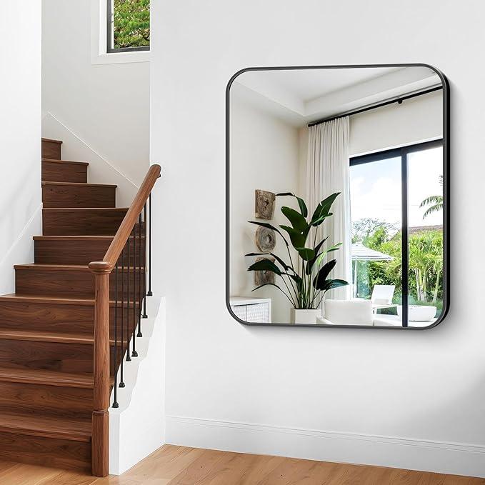 CIVENO Bathroom Mirror, 40 x 36 inch Black Rectangle Wall Mirror, Metal Frame Rectangular Vanity Mirror, Rounded Corner Wall Mounted Mirror for Modern Bedroom Living Room Hangs Horizontal/Vertical - ModernBath
