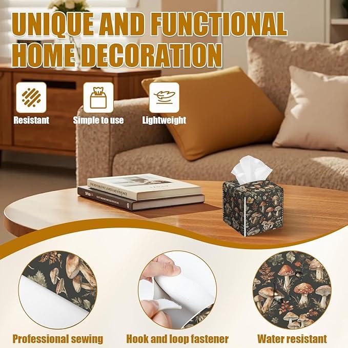 Vintage Mushroom Tissue Box Cover 2PCS, Leather Tissue Box Holder Square Facial Paper Case Tissue Box Cube Organizer for Bathroom Bedroom Desk Office - ModernBath