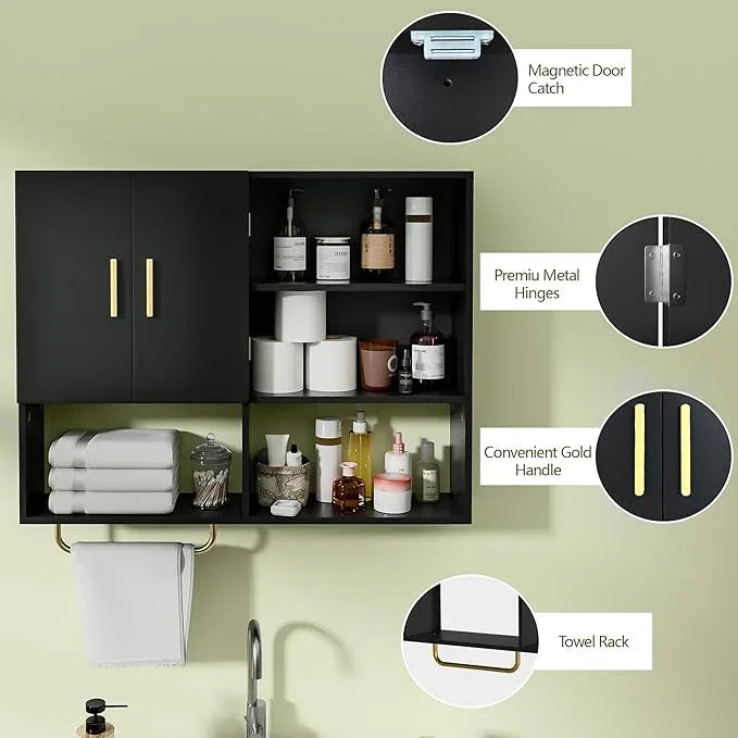 Bathroom Wall Cabinet Wood Large Wall Mounted Medicine Cabinet with 2 Doors and 4 Open Shelves Over Toilet Storage Cabinet Organizer with Towel Bar, Black - ModernBath