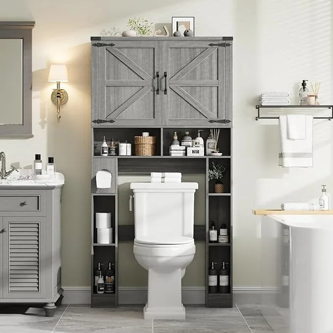 Vabches Over The Toilet Storage Cabinet, Farmhouse Storage Cabinet Over Toilet with 2 Barn Doors ，Toilet Paper Holder Stand，Home Space-Saving Toilet Rack, for Laundry, Restroom, Bathroom.Grey. - ModernBath