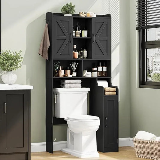 Over The Toilet Storage Cabinet, Bathroom Over Toilet Storage Organizer with Barn Doors and Paper Holder Stand Farmhouse Space Saving Rack Cabinet with Adjustable Shelves for Bathroom, Laundry (Black) - ModernBath