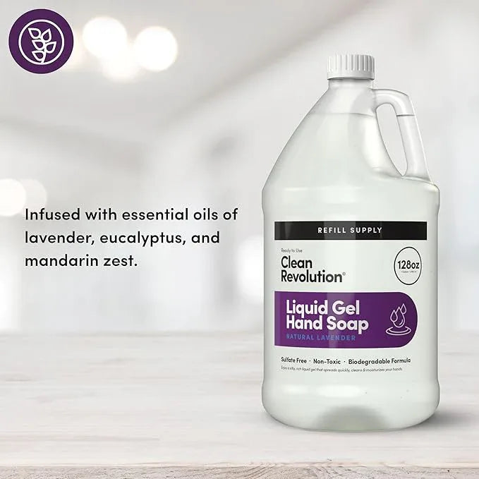 Clean Revolution Liquid Gel Hand Soap, Silky Rich Liquid, Quick Lather, Fast Rinsing, Contains Real Essential Oils (Natural Lavender) 128 Fl Oz - ModernBath