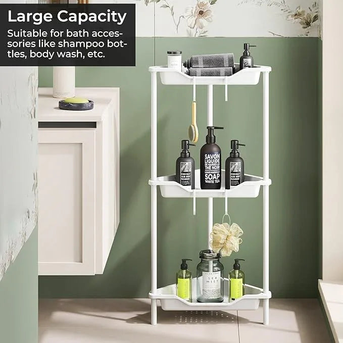 3 Tier Corner Shower Caddy Standing Floor Standing Corner Shower Caddy Organizer Shower Table Plastic Metal Splicing Shelf Storage Rack for Bathroom White- Rustproof - ModernBath