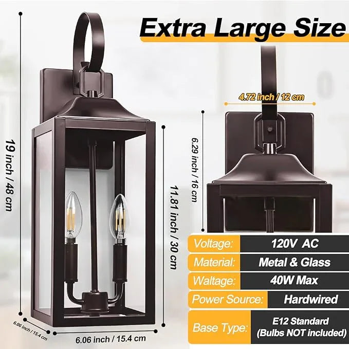 19" Oil Rubbed Bronze Outdoor Wall Lantern 2-Light, Large Modern Wall Sconce Light Fixture, Brown Porch Light with Glass, Waterproof Farmhouse Exterior Lamp Lighting - ModernBath
