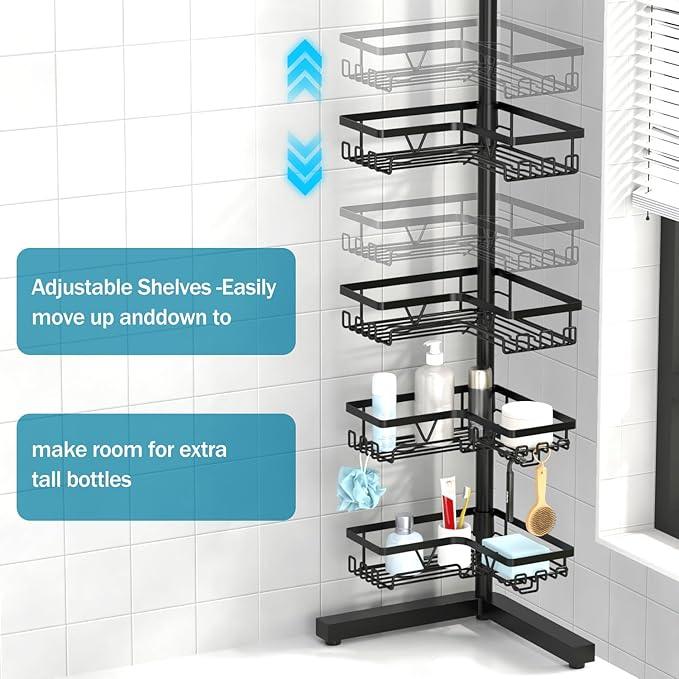 KEGII Corner Shower Caddy Standing – 4-Tier Shower Shelf Organizer with Hooks & Soap Holder, Free-Standing Bathroom Storage Rack for Shampoo & Toiletries, Black - ModernBath