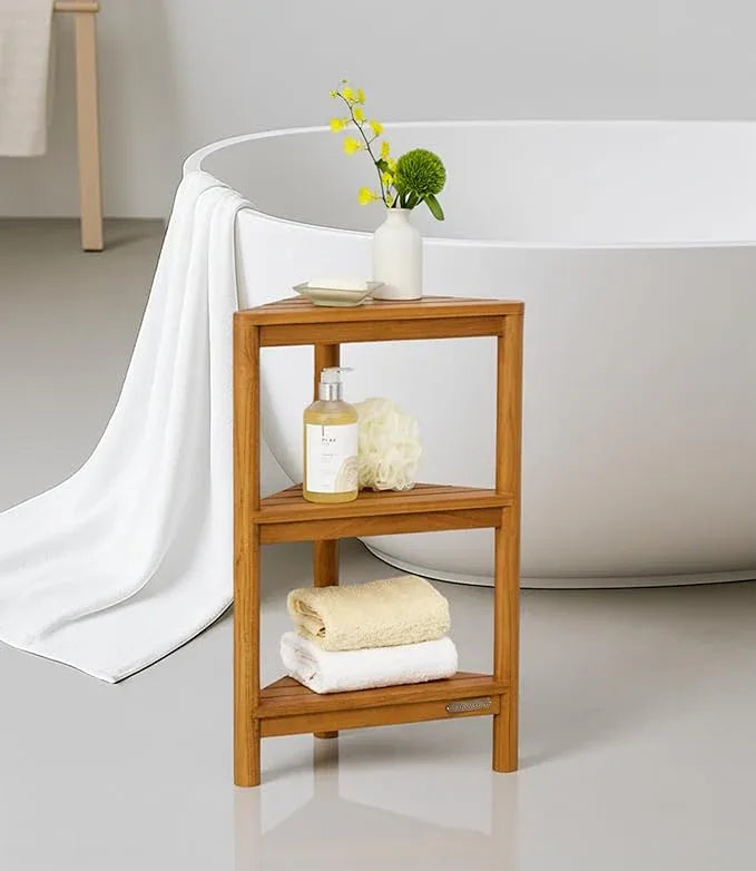 TEAK VALLEY Fully Assembled Teak Corner Bath Shower Storage Stand, Corner Shelves, Shower Caddy 26.5" - ModernBath