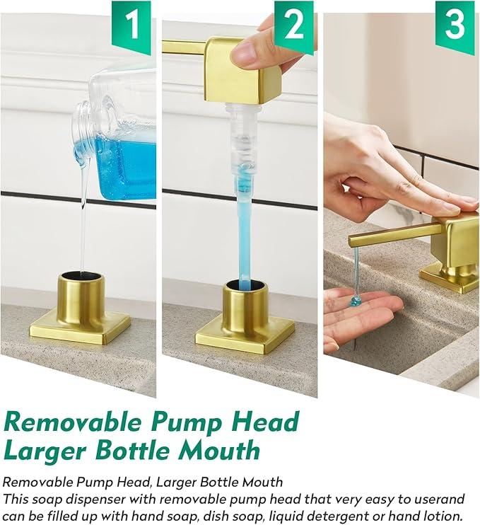 CREA Brushed Gold Soap Dispenser for Kitchen Sink, Kitchen Soap Dispenser Gold Square Built in Sink Soap Dispenser for Bathroom with 17 OZ Bottle - ModernBath