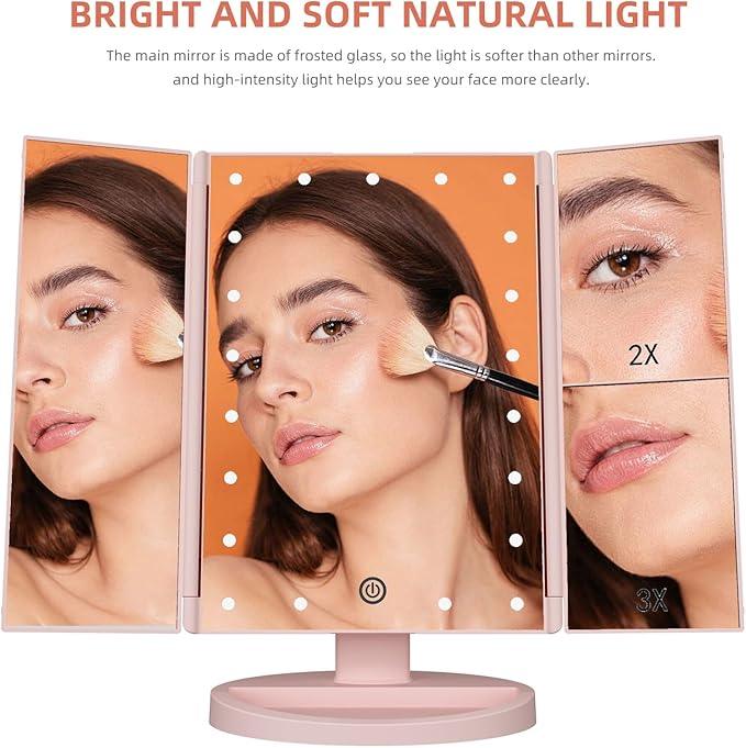 Infitrans Trifold Makeup Mirror Vanity Mirror with Lights,1X 2X 3X Magnification,Touch Control,Adjustable Rotation,Dual Power Supply,Portable Travel Cosmetic Mirror,Birthday Gifts for Women,Teengirls - ModernBath
