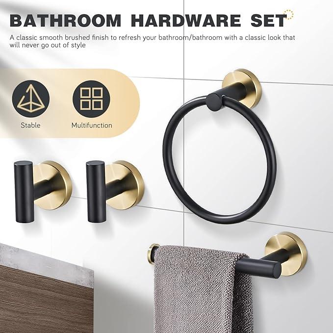 Bathroom Hardware Set 4 Piece Black&Gold Wall Mounted Stainless Steel Hardware Towel Bar Set Gold Bathroom Accessories Towel Rack Set Kit Includes Hand Towel Ring, Toilet Paper Holder, 2 Robe Hook - ModernBath