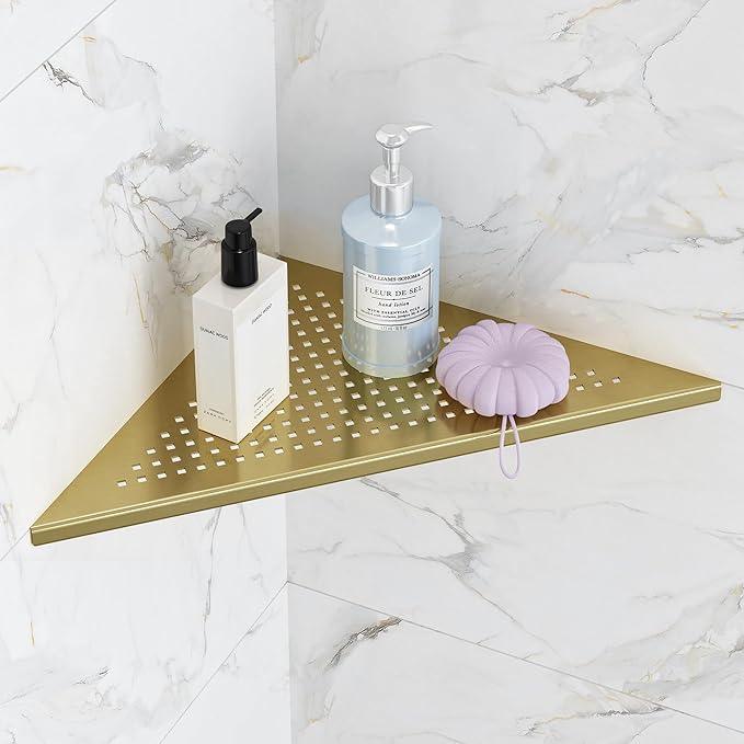 Bathroom Corner Shelf, Recessed 12" Shower Shelf Caddy, SUS304 Stainless Steel Shelf Wall Mount Triangular, No Drilling, Brushed Golden - ModernBath