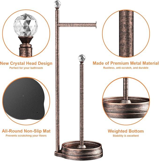 Toilet Paper Holder for Bathroom, Heavy Weighted Metal Free Standing Toilet Paper Holder Stand with Crystal Ball, Toilet Paper Roll Stand for Bathroom Accessories (Oil Rubbed Bronze) - ModernBath
