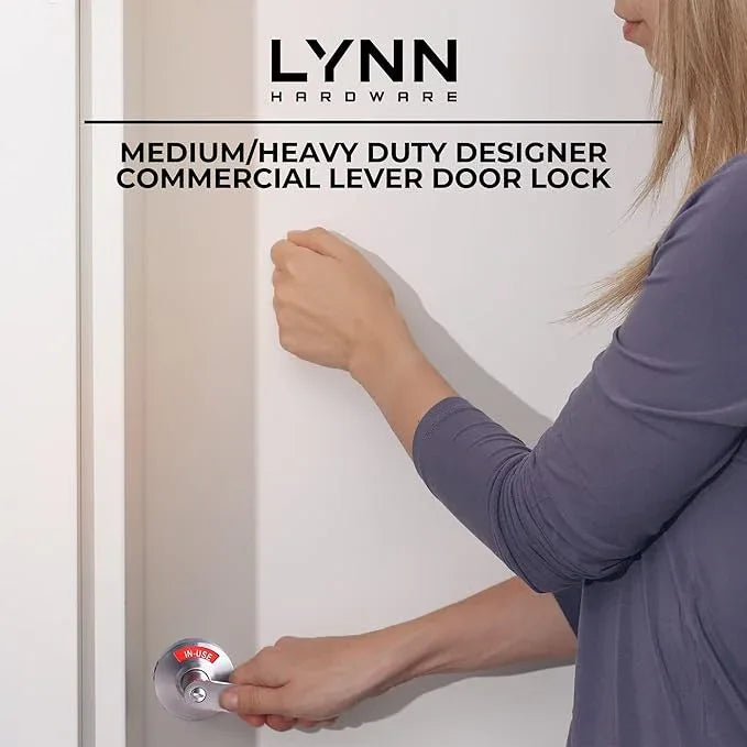 LYNN HARDWARE Medium/Heavy Duty Designer Commercial Lever Door Lock - Bathroom Privacy w/Door Indicator, Restroom Door Knob, Commercial Door Handle, Bathroom Lock, Occupied Door Handle, Satin Chrome - ModernBath