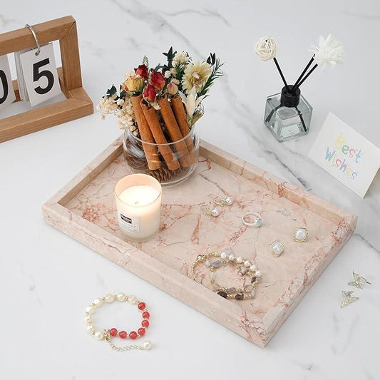MULWR Marble Bathroom Tray,Pure Natural Vanity Tray,Marble Trays for Kitchen Counter Non-Ceramic/Non-Resin,Stone Tray 12 x 8 inch (Pink) ﻿ - ModernBath
