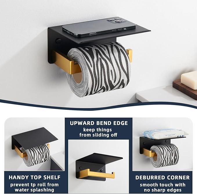 Angle Simple Toilet Paper Holder with Shelf, 304 Stainless Steel Bathroom Tissue Roll Holder for Wall Black and Gold - ModernBath