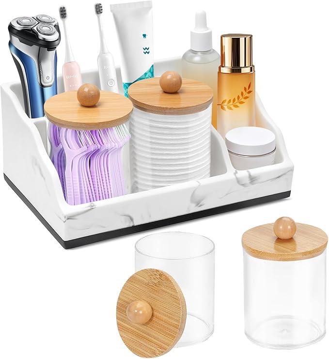 Bathroom Counter Organizer, White Marble Toothbrush Holders for Bathrooms with 2PCS Qtip Holder, Bathroom Organizer Countertop Toothbrush and Toothpaste Holder for Makeup Organizer for Vanity - ModernBath