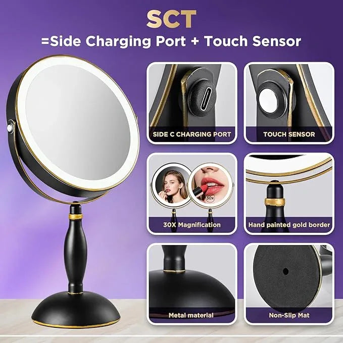 30x Magnifying Mirror with Light, Matte Black with Gold Trim, Makeup Mirror with 3 Color Lights & Brightness Adjustable, 5000mAh Rechargeable Vanity Mirror, Modern Style Side Touch + Side Charge - ModernBath