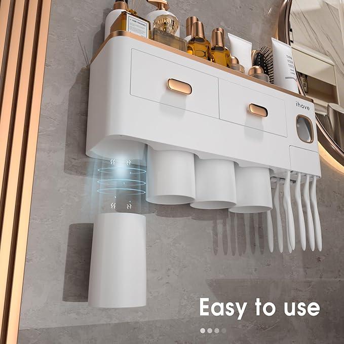 iHave Toothbrush Holders Wall Mounted with Toothpaste Dispenser & 4 Cups - Premium White and Gold Design for Bathroom Decor, All-in-One Bathroom Organizers & Storage for Toothbrushes and Accessories - ModernBath