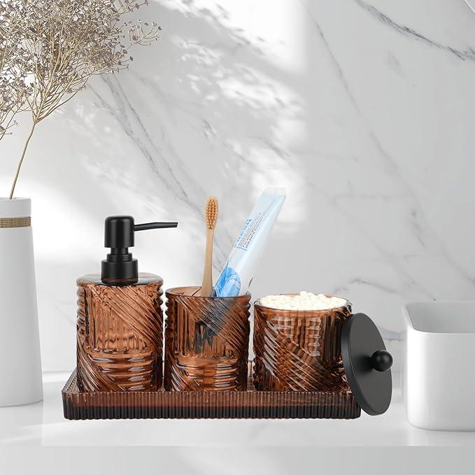 Bathroom Accessories Set,4 Pcs Amber Glass Bathroom Accessories Sets Complete with Lotion Soap Dispenser,Toothbrush Holder,Qtip Holder Dispenser and Vanity Tray,Bathroom Countertop Vanity Organizer - ModernBath