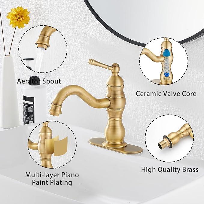 Antique Brass Bathroom Faucet GGStudy 360° Swivel Bathroom Vanity Faucet Single Handle One Hole Basin Matching Pop Up Drain with Overflow - ModernBath