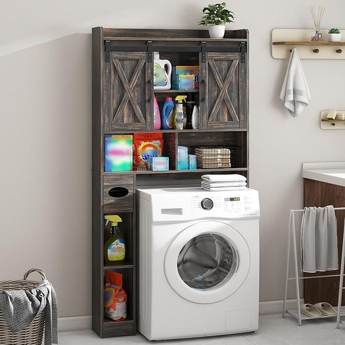 Vabches Over The Toilet Storage Cabinet, Farmhouse Storage Cabinet Over Toilet with Sliding Door& Toilet Paper Holder Stand，Home Space-Saving Toilet Rack, for Bathroom, Laundry and Restroom - ModernBath