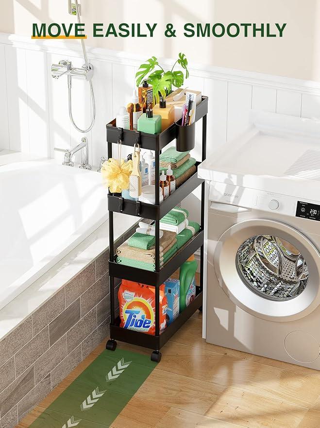 LEHOM Slim Rolling Storage Cart - 4 Tiers Bathroom Organizer Utility Cart Slide Out Storage Shelves Mobile Shelving Unit for Kitchen, Bedroom, Office, Laundry Room, Small Narrow Spaces（7.1" W+Black） - ModernBath