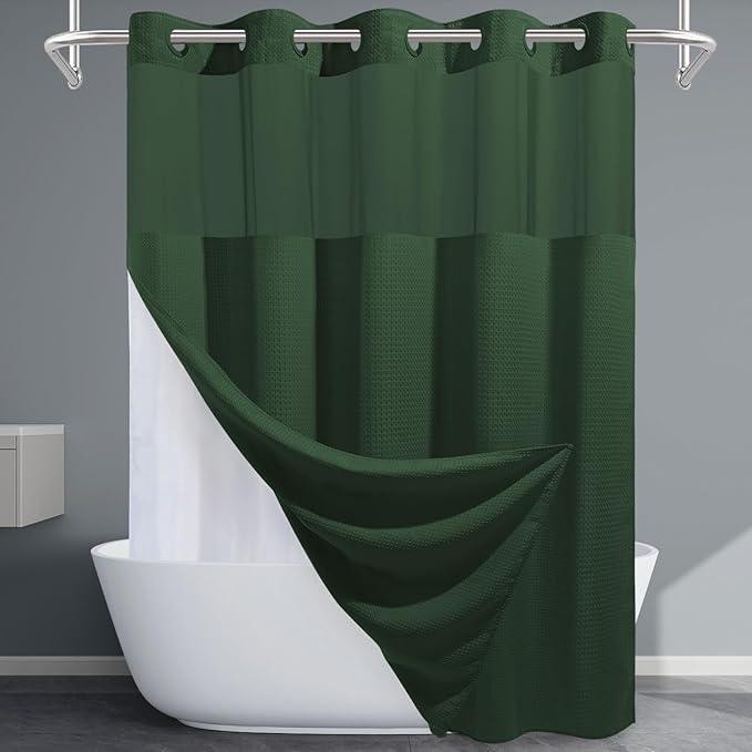 EUTXL Dark Green Shower Curtain and Liner Set - 230GSM Waffle Weave Textured Heavy Duty,Hotel Luxury Weighted Bath Curtain,71W x 74H - ModernBath