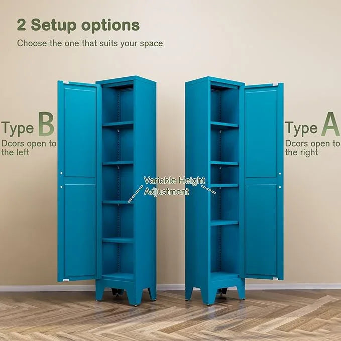 COFaR Tall Bathroom Cabinet, Metal Farmhouse Narrow Slim Storage Cabinet with Adjustable Shelves Barn Door for Bathrooms, Kitchens, Entrances Living Room (Blue) - ModernBath